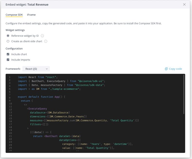 embed widget An image showing an ‘embed widget,’ with options to use the Compose SDK or an iFrame, with lines of React(JS) code at the bottom.